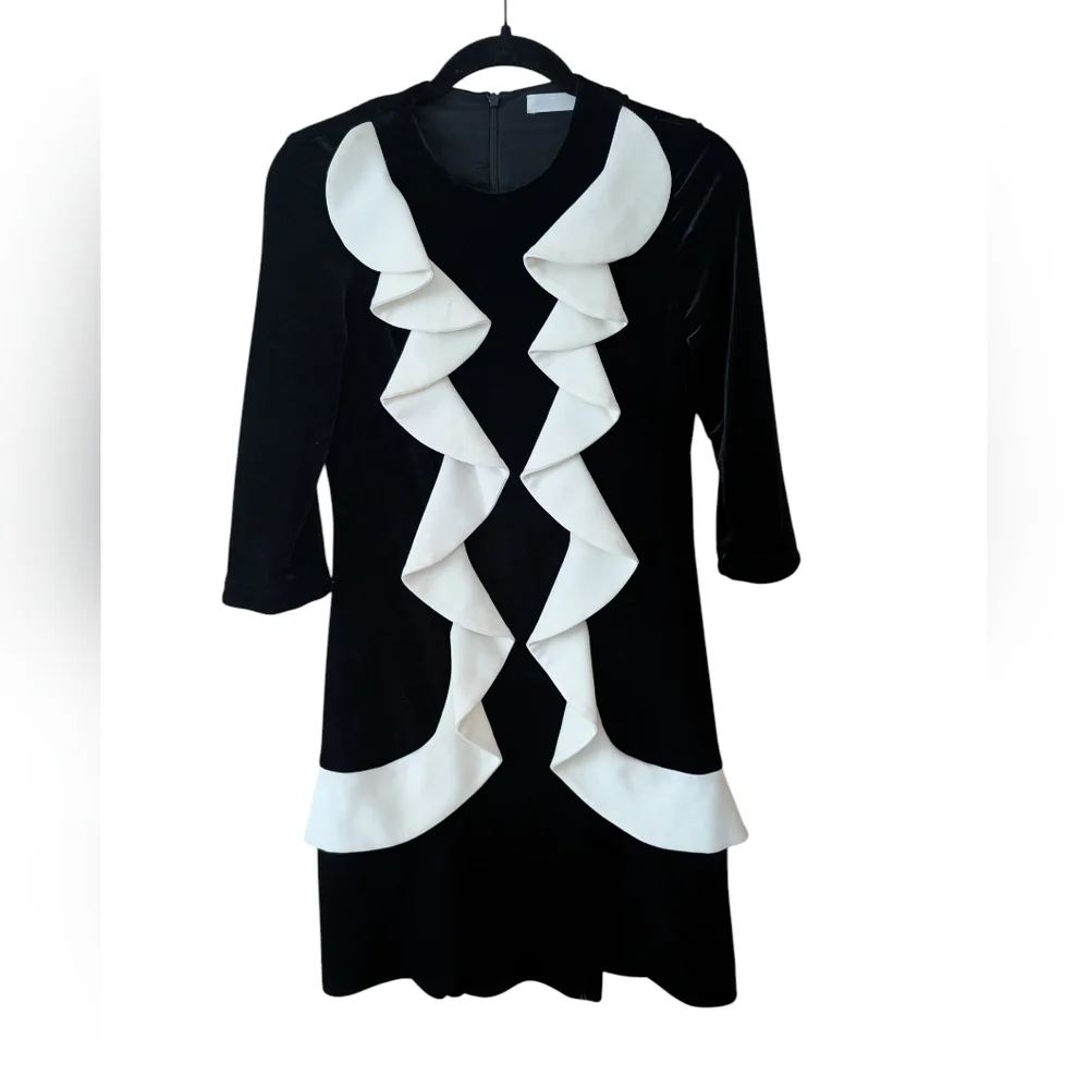 Anne Fontaine Black Velvet White Ruffle Solange Cocktail Dress Size‎ 38 (6) - Picture 2 of 13